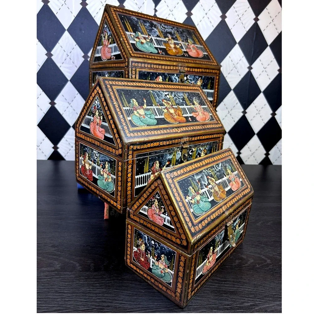 Vintage Indian Hand Painted Nesting Wooden Box Set of 3 Folk Art Storage Chests